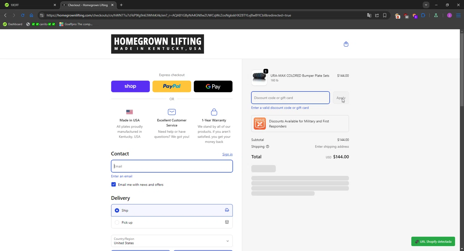 HomeGrown Lifting discount code screenshot showing code 10OFF applied at HomeGrown Lifting checkout page. Uploaded by SimplyCodes community member WonderMaverick6123 on Jan 2, 2026