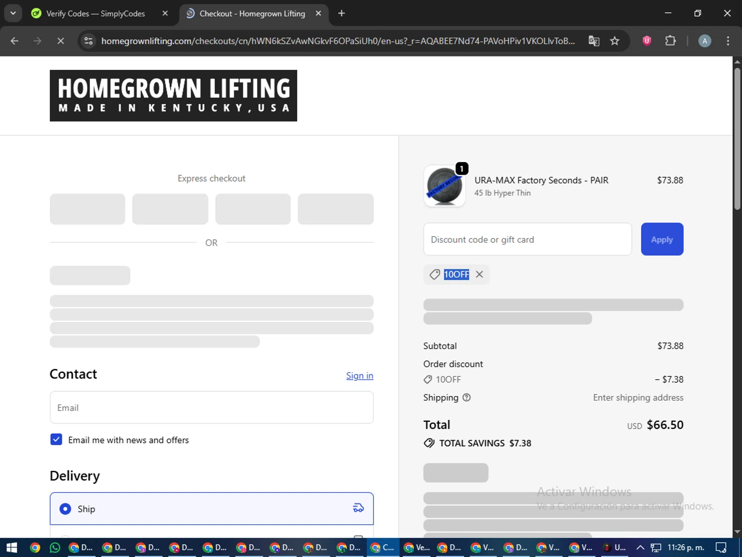 HomeGrown Lifting discount code screenshot showing code 10OFF applied at HomeGrown Lifting checkout page. Uploaded by SimplyCodes community member trippieredd on Dec 23, 2025