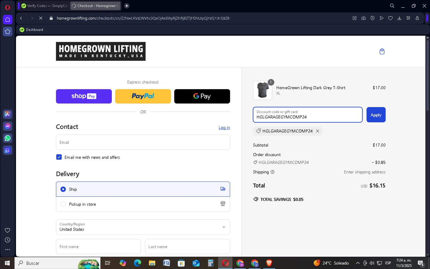 HomeGrown Lifting discount code screenshot showing code HGLGARAGEGYMCOMP24 applied at HomeGrown Lifting checkout page. Uploaded by SimplyCodes community member SavingsSentinel833 on Mar 11, 2025