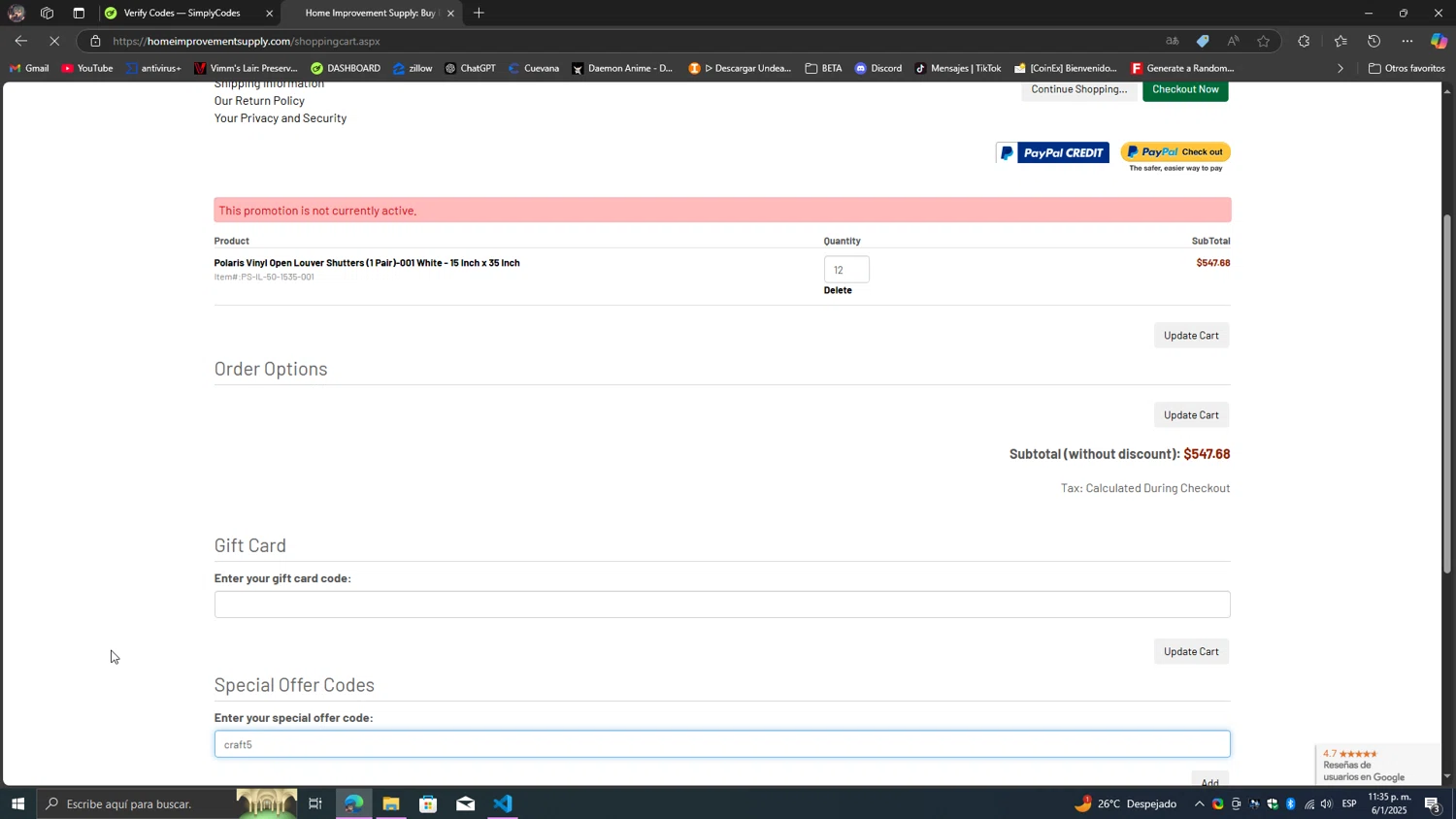 Home Improvement Supply discount code screenshot showing code craft5 applied at Home Improvement Supply checkout page. Uploaded by SimplyCodes community member SavvyScholar7013 on Jan 7, 2025