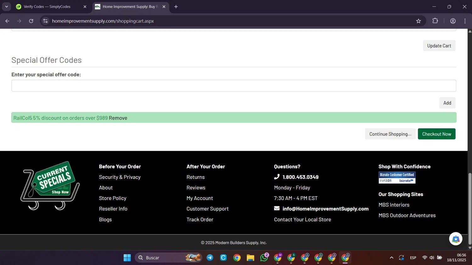 Home Improvement Supply discount code screenshot showing code RailCol5 applied at Home Improvement Supply checkout page. Uploaded by SimplyCodes community member Puppet on Nov 18, 2025