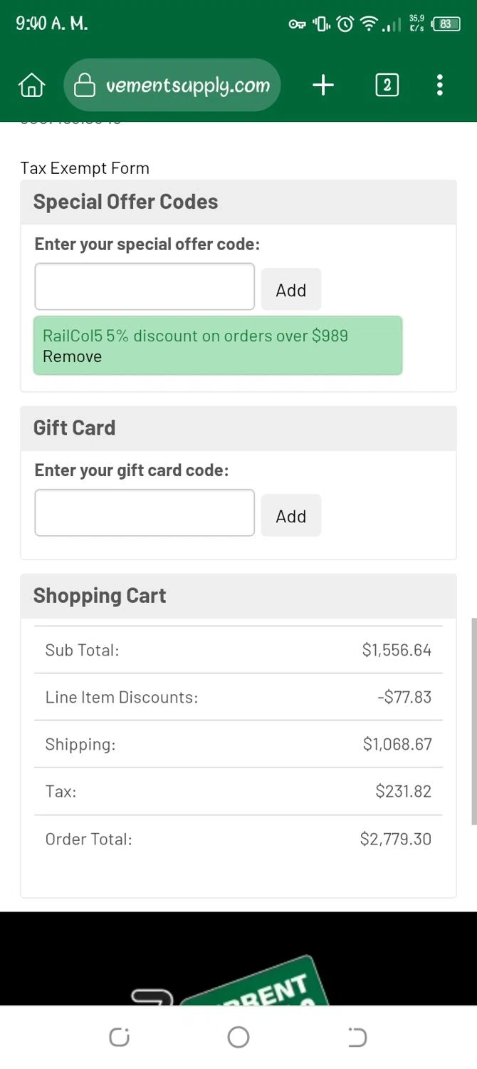 Home Improvement Supply discount code screenshot showing code RailCol5 applied at Home Improvement Supply checkout page. Uploaded by SimplyCodes community member alexmarygomez on Jan 15, 2026