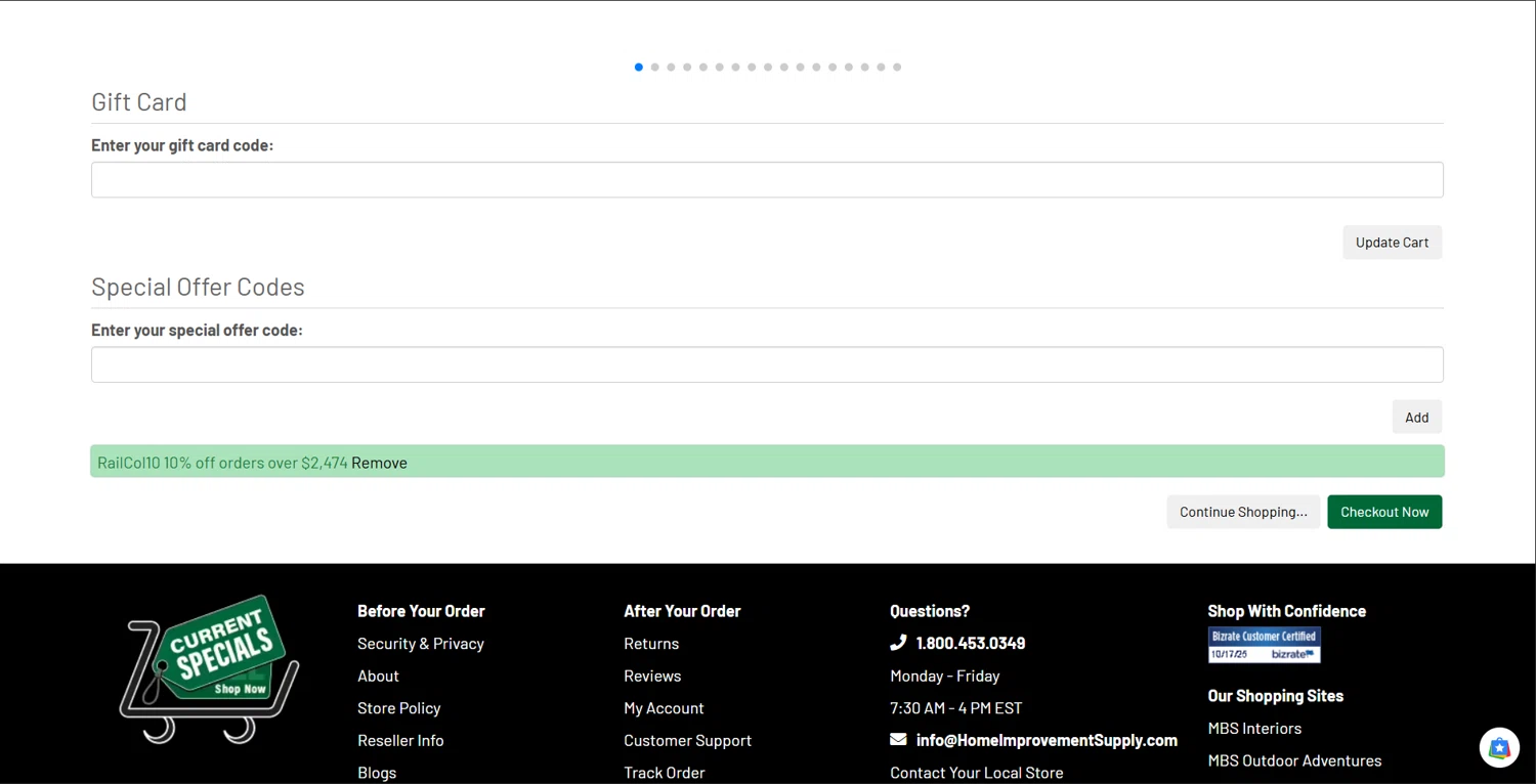 Home Improvement Supply discount code screenshot showing code RailCol10 applied at Home Improvement Supply checkout page. Uploaded by SimplyCodes community member Lanzaa on Oct 18, 2025