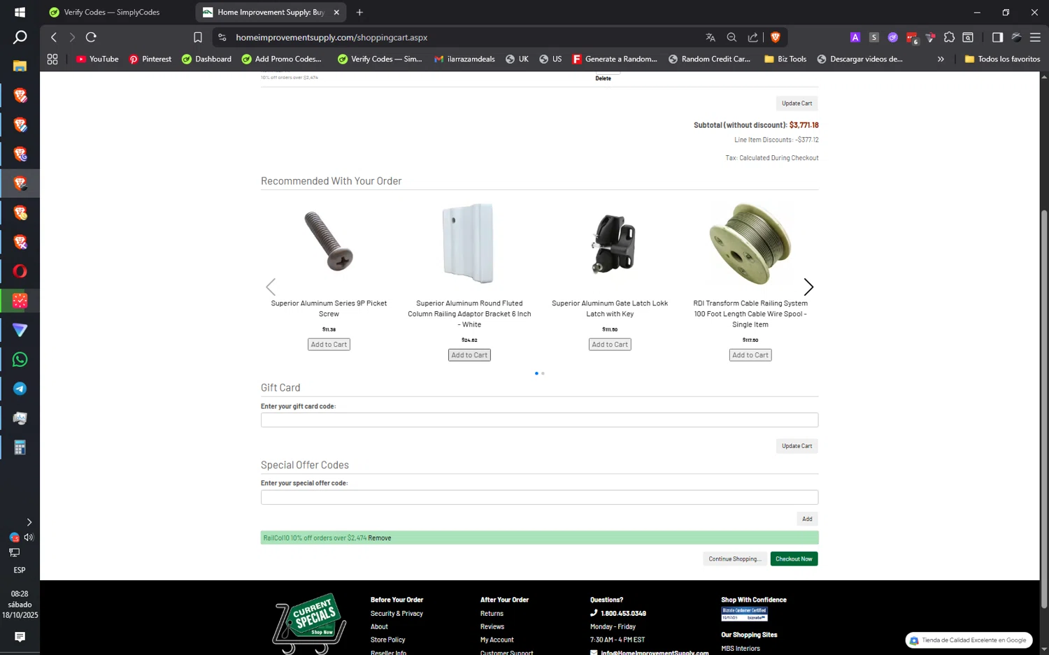 Home Improvement Supply discount code screenshot showing code RailCol10 applied at Home Improvement Supply checkout page. Uploaded by SimplyCodes community member ilarrazaM1 on Oct 18, 2025
