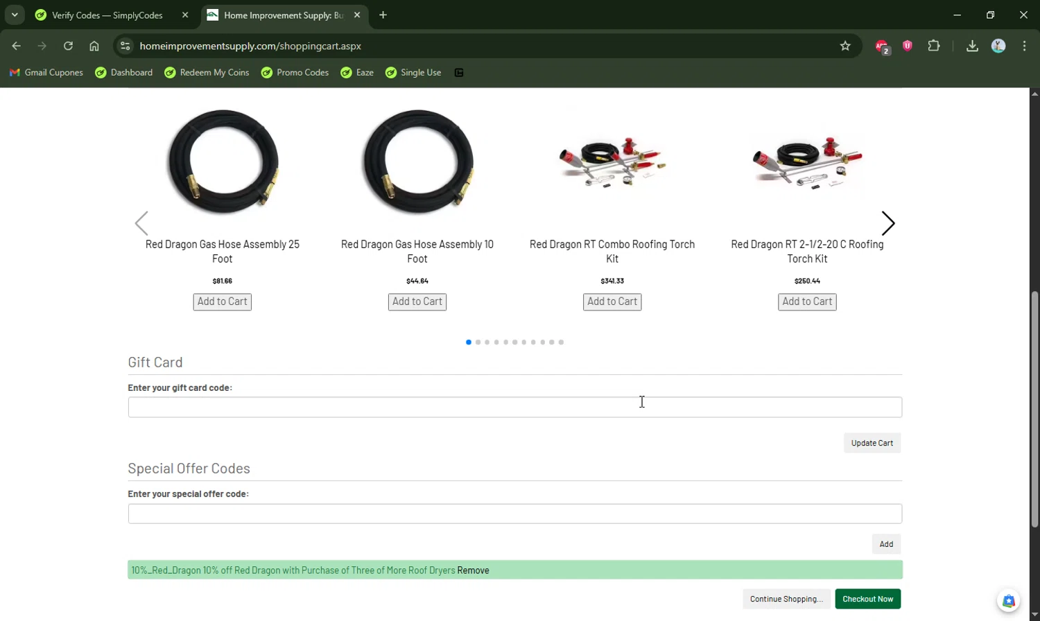 Home Improvement Supply discount code screenshot showing code 10%_Red_Dragon applied at Home Improvement Supply checkout page. Uploaded by SimplyCodes community member LHaunter2 on Dec 8, 2025