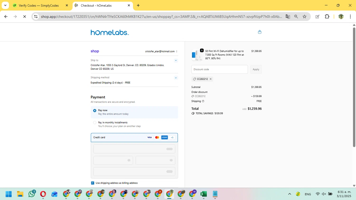 Home Labs discount code screenshot showing code CC282212 applied at Home Labs checkout page. Uploaded by SimplyCodes community member FundoSinai on Nov 3, 2025