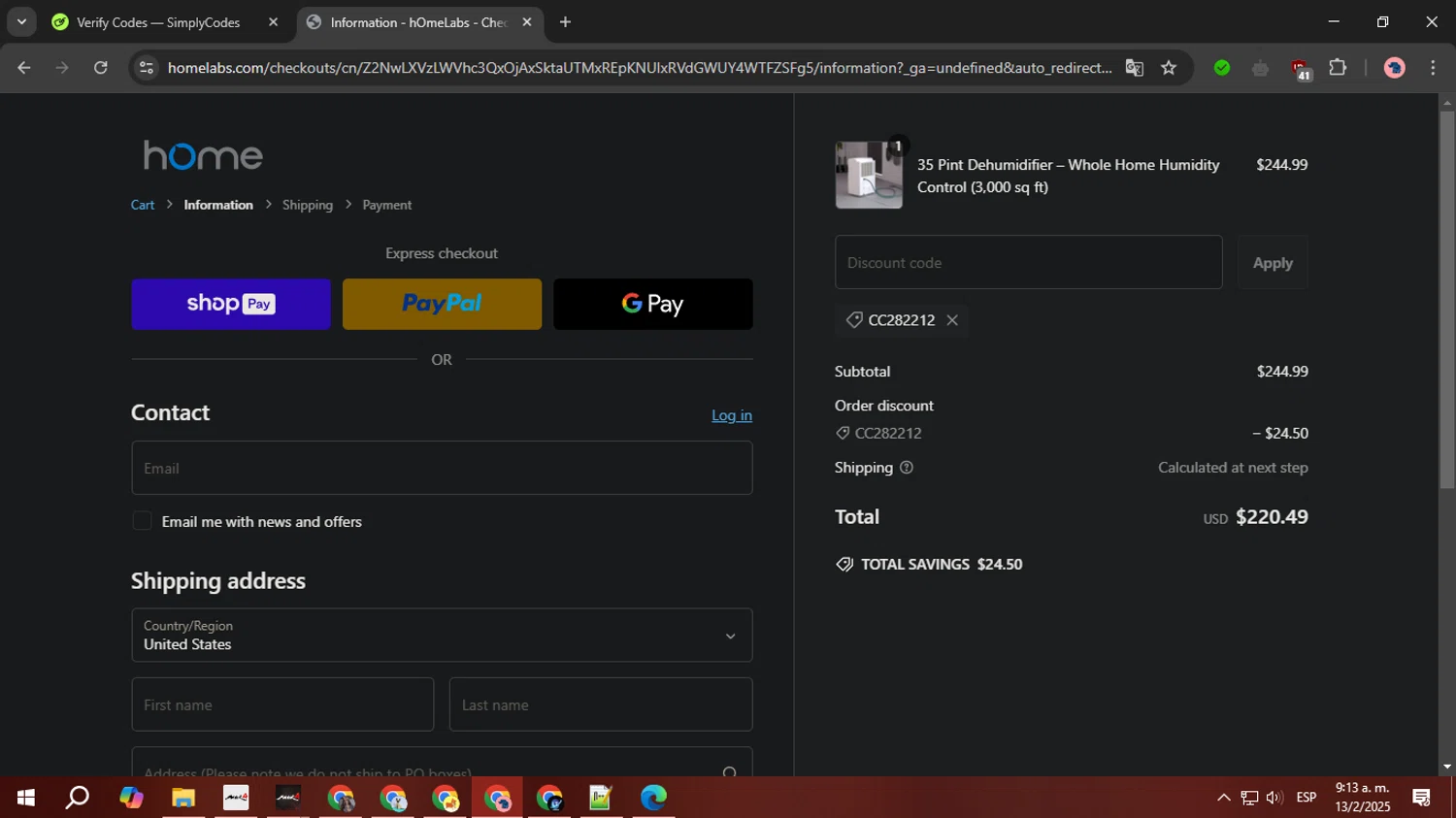 Home Labs discount code screenshot showing code CC282212 applied at Home Labs checkout page. Uploaded by SimplyCodes community member FortunateTiger3302 on Feb 13, 2025