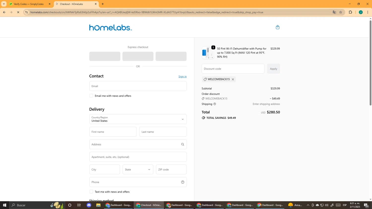 Home Labs discount code screenshot showing code WELCOMEBACK15 applied at Home Labs checkout page. Uploaded by SimplyCodes community member DealScout5970 on Nov 3, 2025