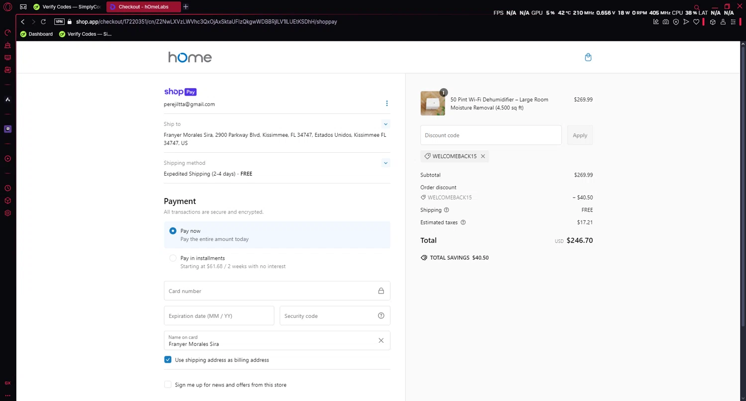 Home Labs discount code screenshot showing code WELCOMEBACK15 applied at Home Labs checkout page. Uploaded by SimplyCodes community member Yezzzcose on Feb 13, 2025