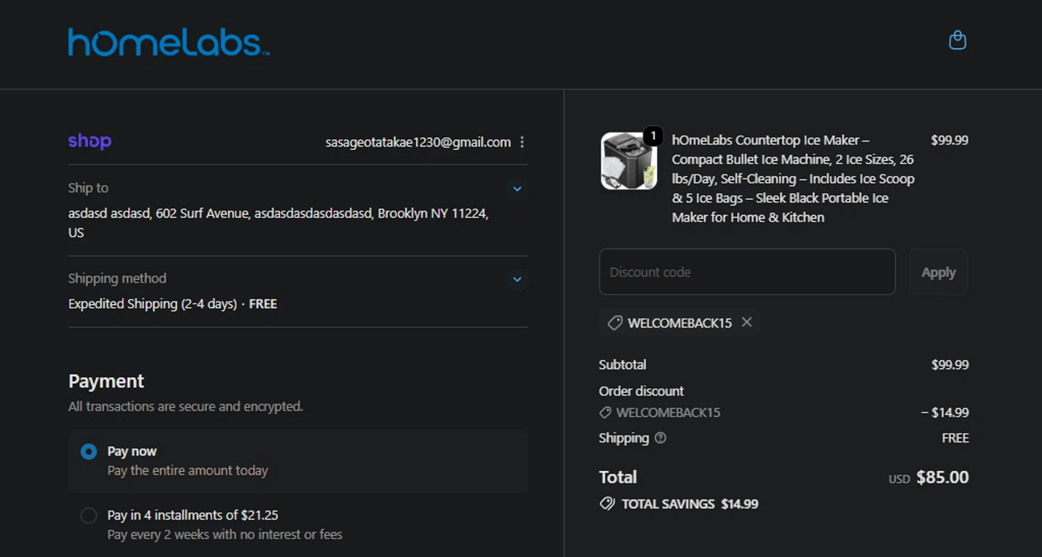 Home Labs discount code screenshot showing code WELCOMEBACK15 applied at Home Labs checkout page. Uploaded by SimplyCodes community member jaimitoalcachofa on Oct 27, 2025