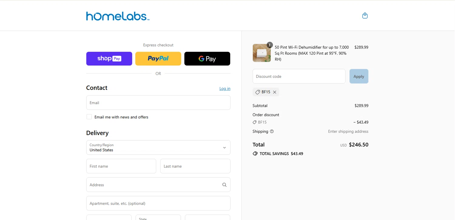Home Labs discount code screenshot showing code Bf15 applied at Home Labs checkout page. Uploaded by SimplyCodes community member kalltrom21 on Aug 1, 2025