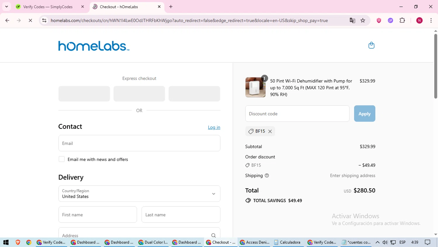 Home Labs discount code screenshot showing code Bf15 applied at Home Labs checkout page. Uploaded by SimplyCodes community member CoinWizard8578 on Aug 1, 2025