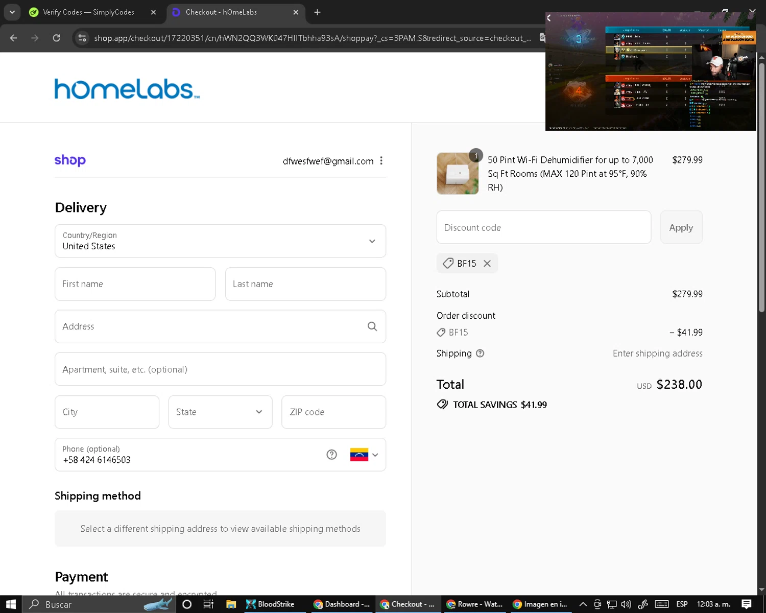 Home Labs discount code screenshot showing code Bf15 applied at Home Labs checkout page. Uploaded by SimplyCodes community member RebateCaptain6440 on Aug 31, 2025