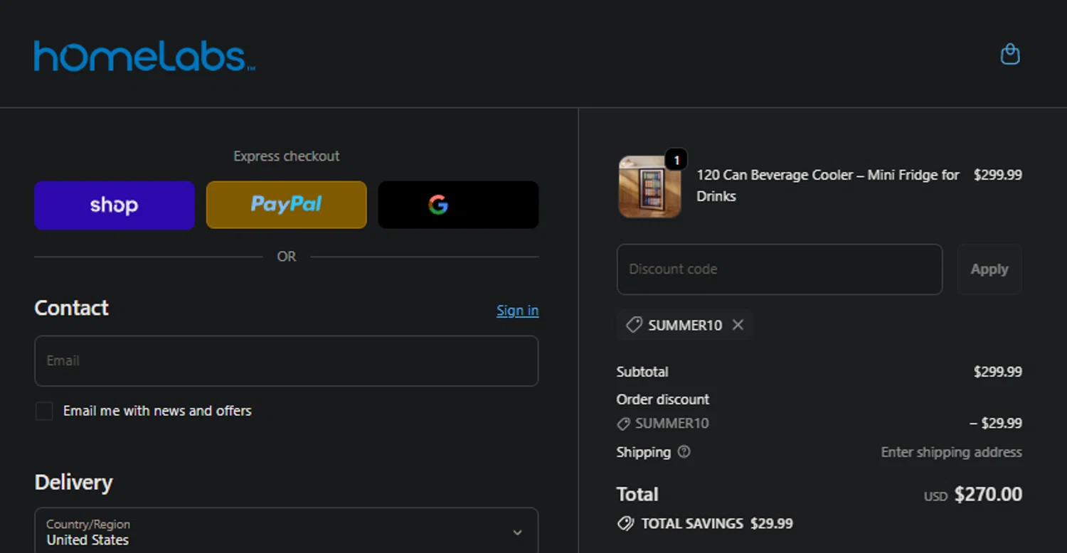 Home Labs discount code screenshot showing code SUMMER10 applied at Home Labs checkout page. Uploaded by SimplyCodes community member idkxxx on Nov 3, 2025