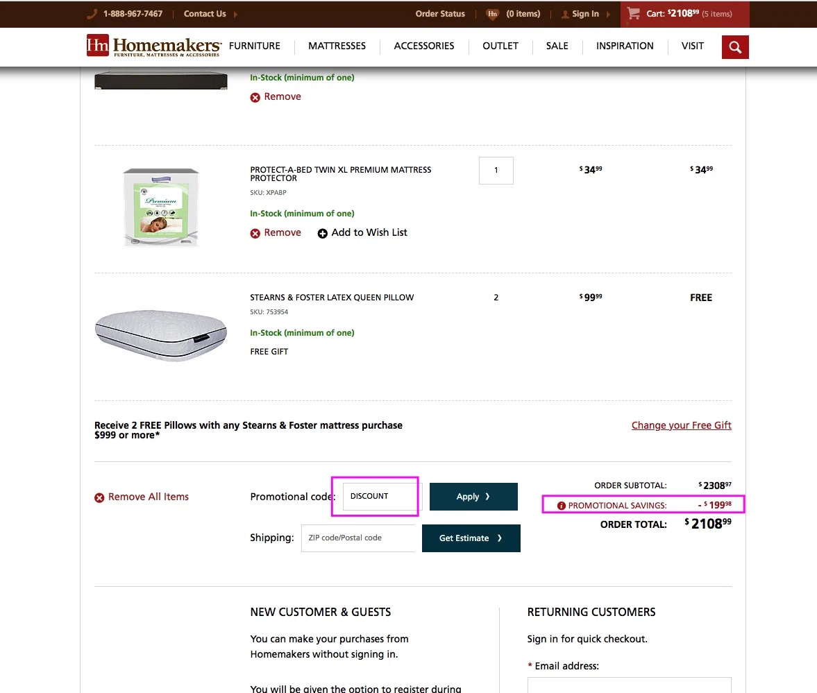 Homemakers Furniture checkout page showing Homemakers Furniture promo code box | Screenshot taken by SimplyCodes community member on Nov 28, 2021