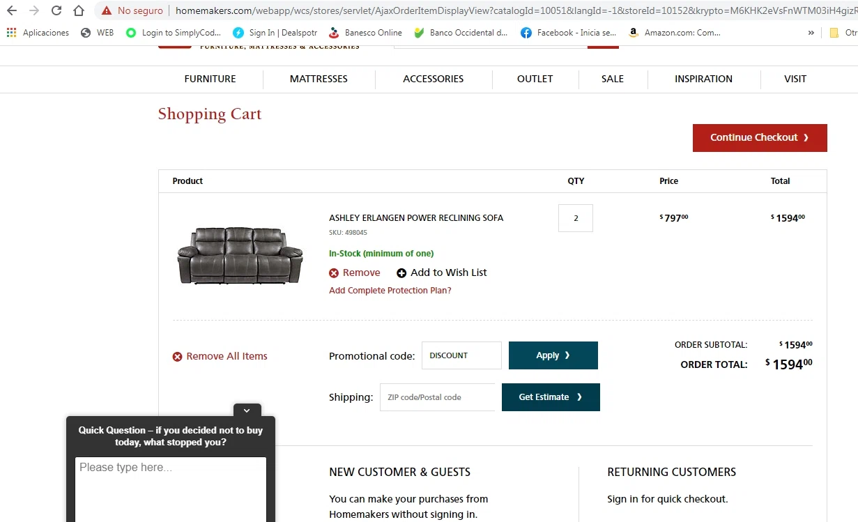 Homemakers Furniture checkout page showing Homemakers Furniture promo code box | Screenshot taken by SimplyCodes community member on Mar 17, 2021