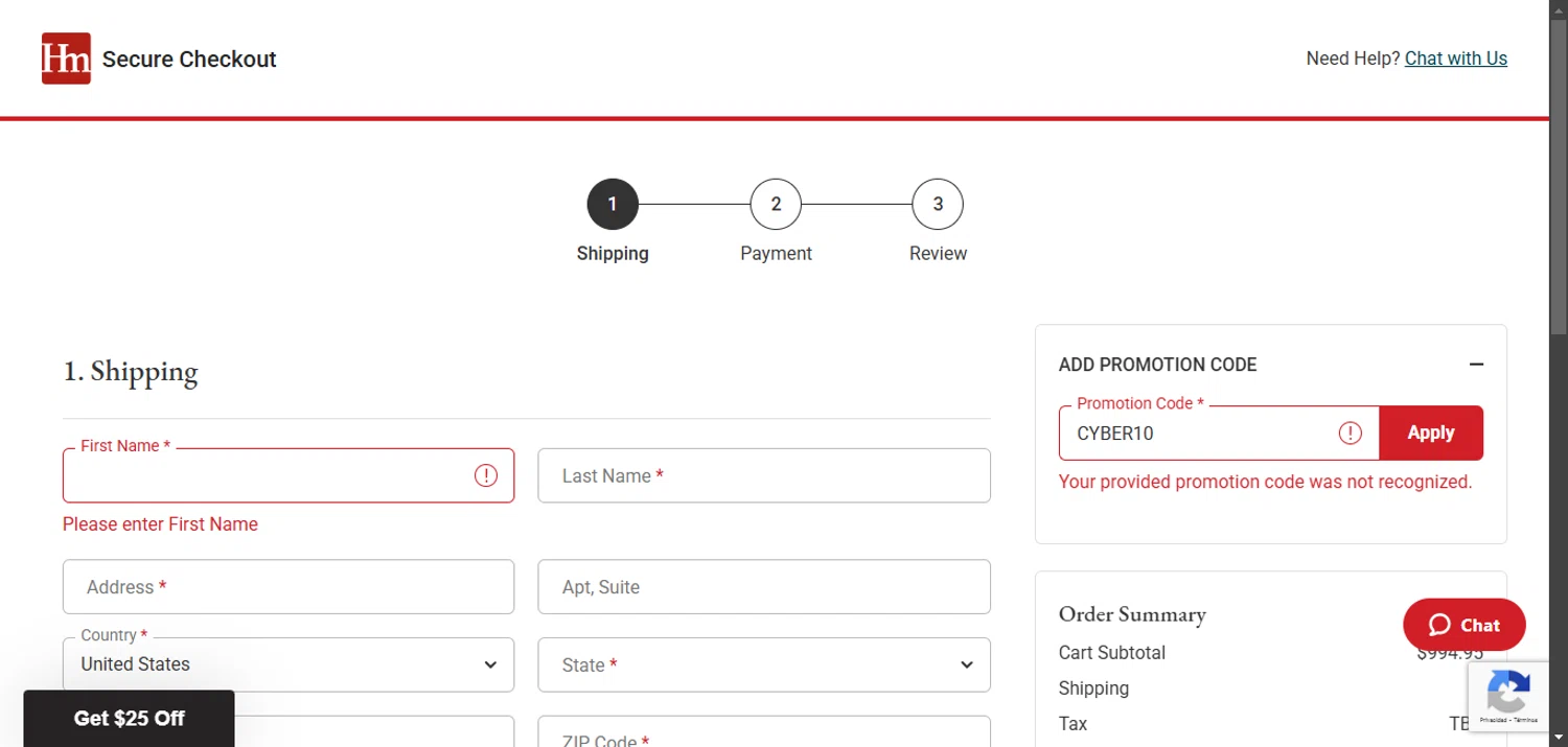 Homemakers Furniture promo code screenshot showing code CYBER10 applied at Homemakers Furniture checkout page. Uploaded by SimplyCodes community member maraxo on Feb 9, 2025