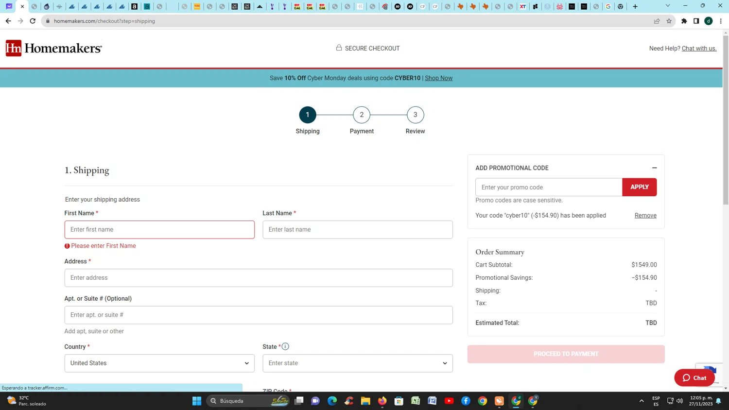 Homemakers Furniture checkout page showing Homemakers Furniture promo code box | Screenshot taken by SimplyCodes community member on Nov 27, 2023