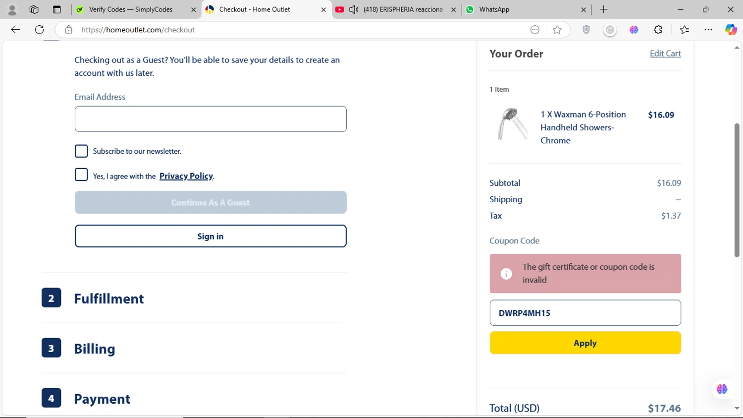 Home Outlet coupon code screenshot showing code DWRP4MH15 applied at Home Outlet checkout page. Uploaded by SimplyCodes community member MagnificentVirtuoso8433 on Mar 2, 2025