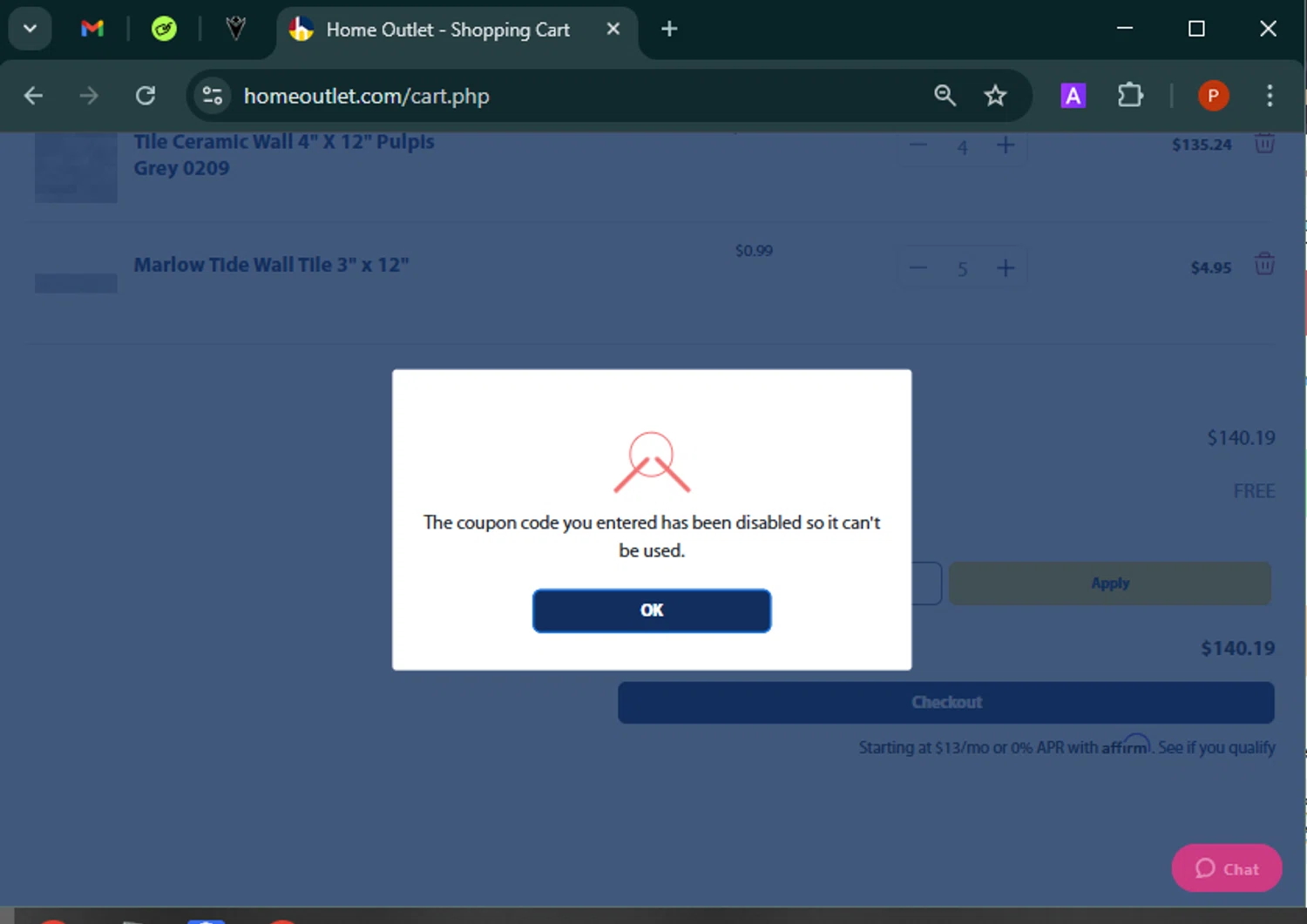 Home Outlet coupon code screenshot showing code FS20EM applied at Home Outlet checkout page. Uploaded by SimplyCodes community member Isabelle_adjanichamber on Jan 30, 2025