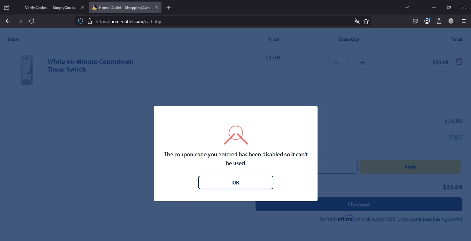 Home Outlet coupon code screenshot showing code FS20EM applied at Home Outlet checkout page. Uploaded by SimplyCodes community member BargainPhoenix231 on Feb 26, 2025