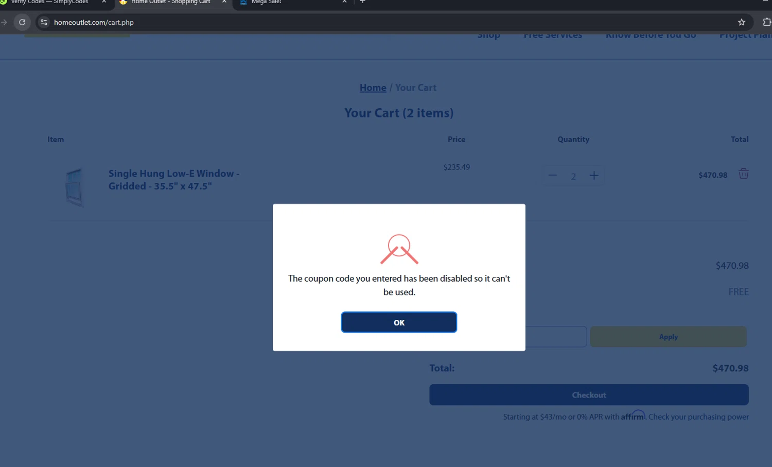 Home Outlet coupon code screenshot showing code FS20 applied at Home Outlet checkout page. Uploaded by SimplyCodes community member arimakouse on Mar 22, 2025