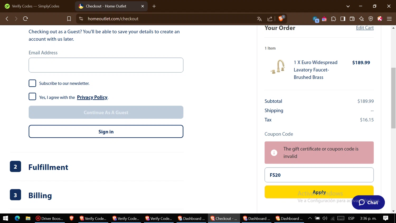 Home Outlet coupon code screenshot showing code FS20 applied at Home Outlet checkout page. Uploaded by SimplyCodes community member ThriftyGenius6699 on Feb 19, 2025