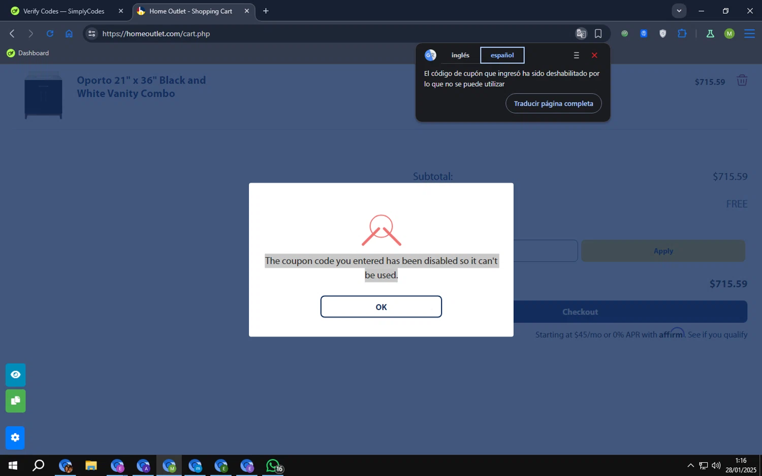 Home Outlet coupon code screenshot showing code FS20 applied at Home Outlet checkout page. Uploaded by SimplyCodes community member papafrita on Jan 28, 2025