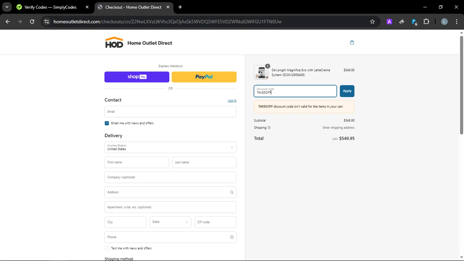Home Outlet Direct discount code screenshot showing code TAKE5OFF applied at Home Outlet Direct checkout page. Uploaded by SimplyCodes community member JuanChi on Mar 8, 2025