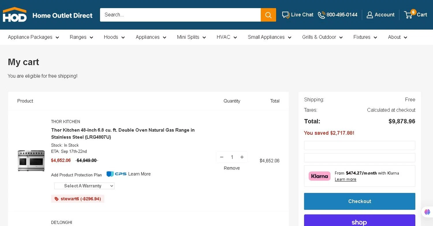 Home Outlet Direct discount code screenshot showing code STEWART6 applied at Home Outlet Direct checkout page. Uploaded by SimplyCodes community member LAMINEJAMAL on Sep 12, 2025