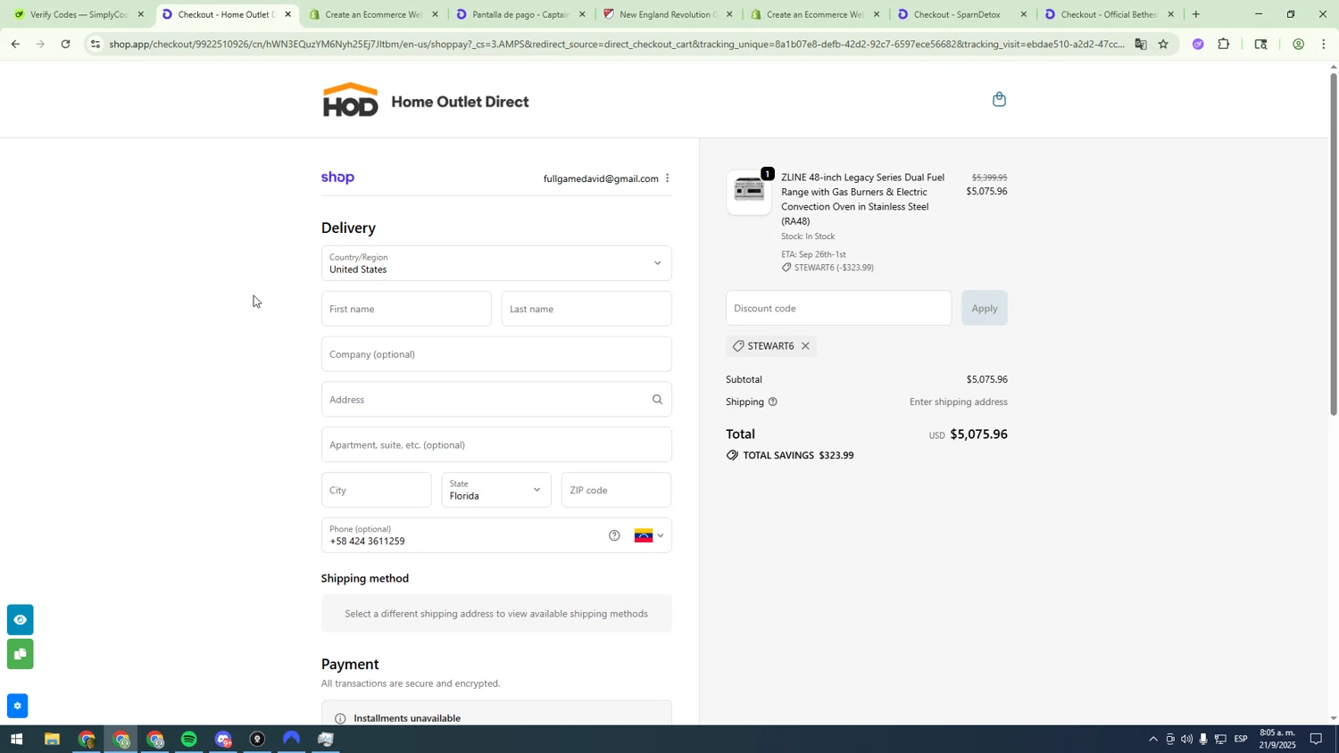 Home Outlet Direct discount code screenshot showing code STEWART6 applied at Home Outlet Direct checkout page. Uploaded by SimplyCodes community member sfdfgdsfgdfgdfg on Sep 21, 2025