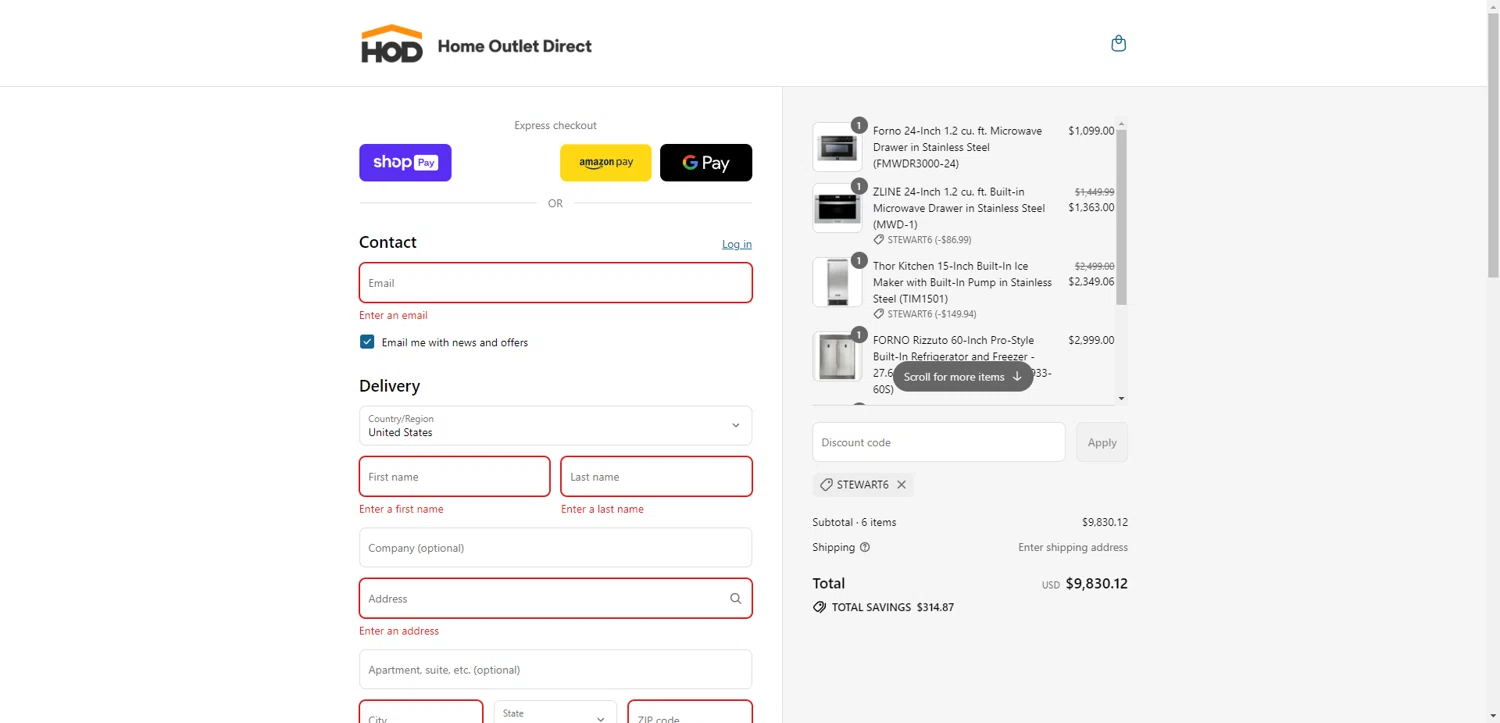 Home Outlet Direct discount code screenshot showing code STEWART6 applied at Home Outlet Direct checkout page. Uploaded by SimplyCodes community member NobleMaestro6498 on Aug 10, 2025