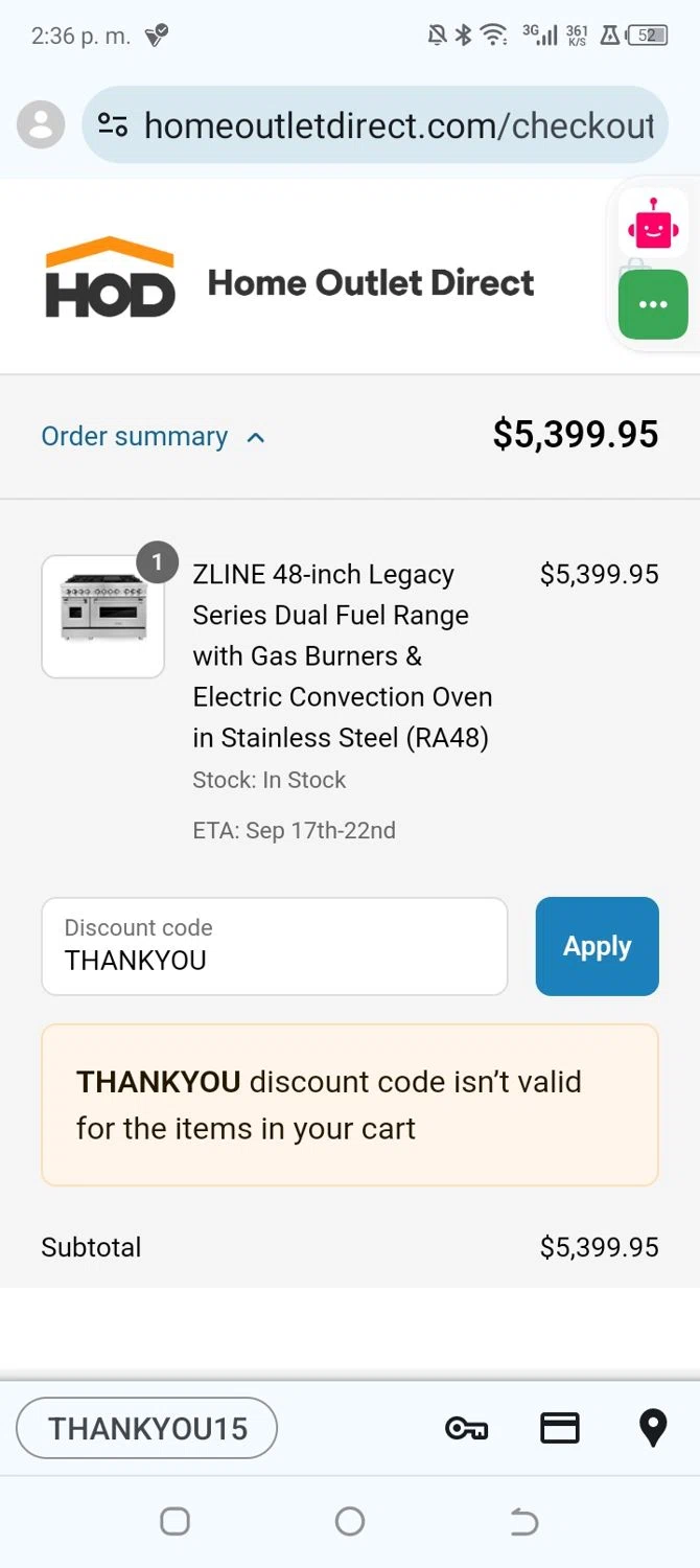 Home Outlet Direct discount code screenshot showing code THANKYOU applied at Home Outlet Direct checkout page. Uploaded by SimplyCodes community member GoldPilot4017 on Sep 12, 2025