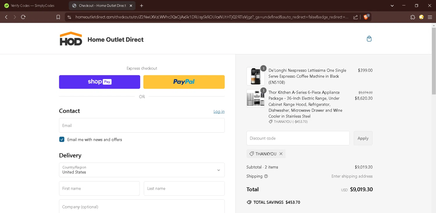 Home Outlet Direct discount code screenshot showing code THANKYOU applied at Home Outlet Direct checkout page. Uploaded by SimplyCodes community member BrilliantChaser4706 on Feb 18, 2025