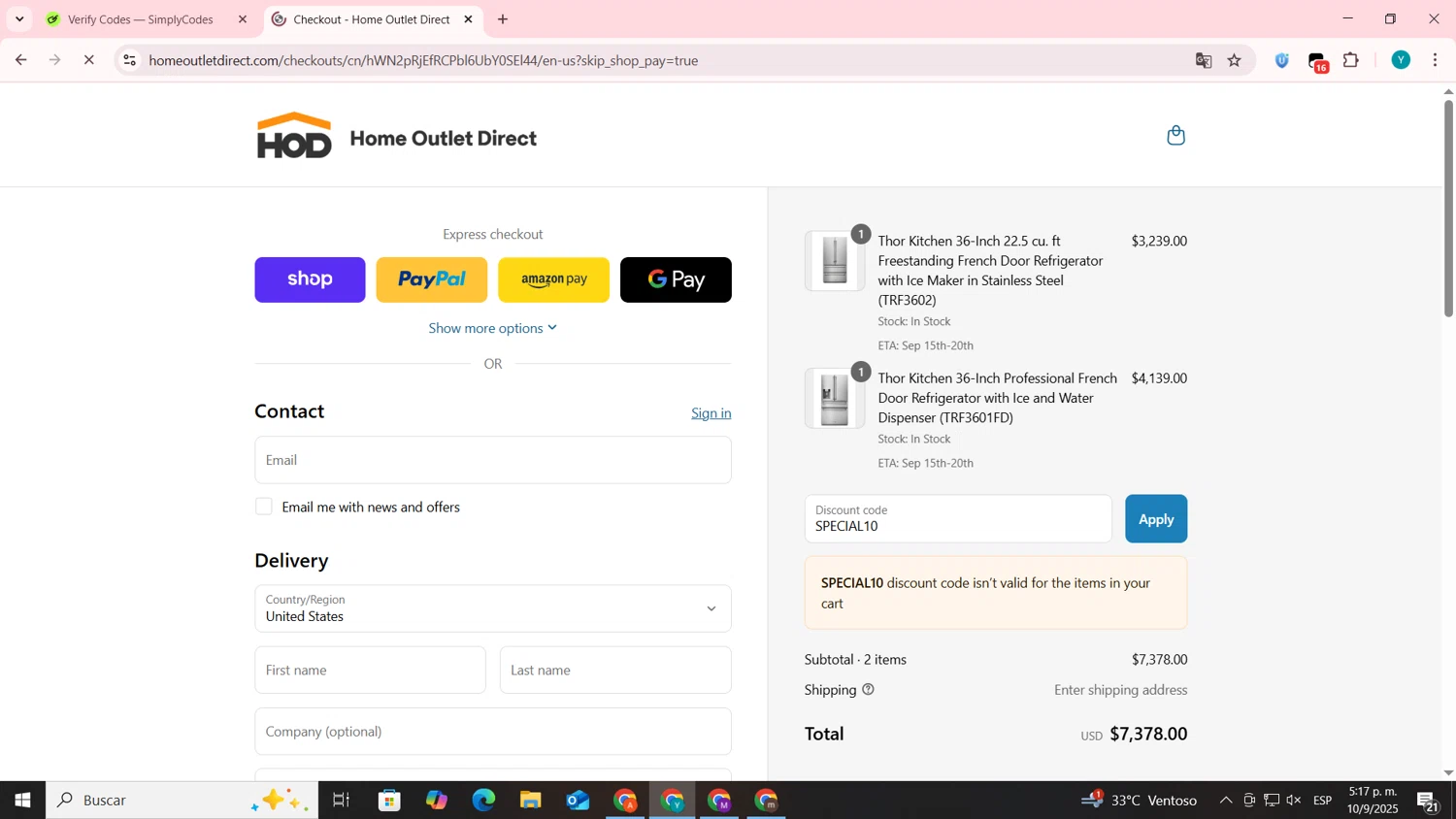 Home Outlet Direct discount code screenshot showing code SPECIAL10 applied at Home Outlet Direct checkout page. Uploaded by SimplyCodes community member codygakpo on Sep 10, 2025