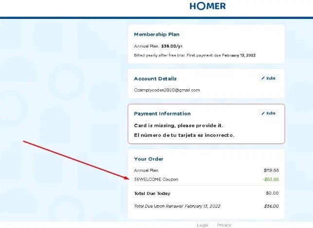 where to use Learn With Homer promo code box