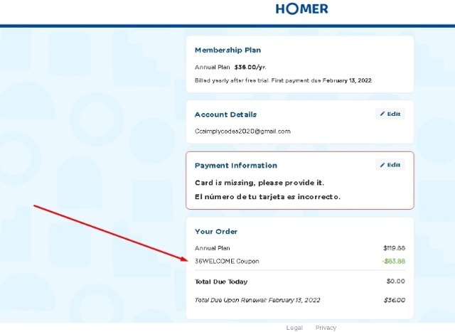 Homer checkout page showing Homer promo code box | Screenshot taken by SimplyCodes community member on Mar 2, 2022
