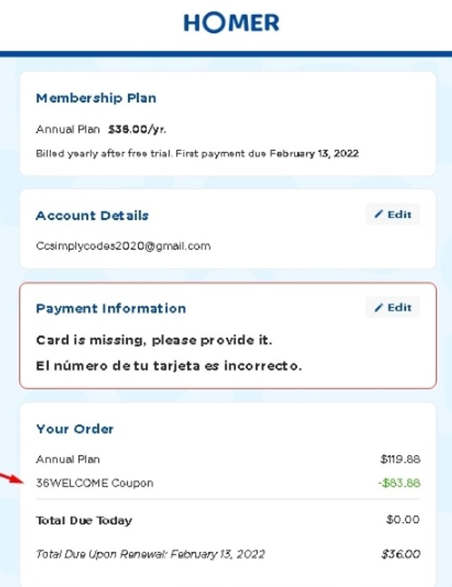 Homer checkout page showing Homer promo code box | Screenshot taken by SimplyCodes community member on Apr 7, 2022