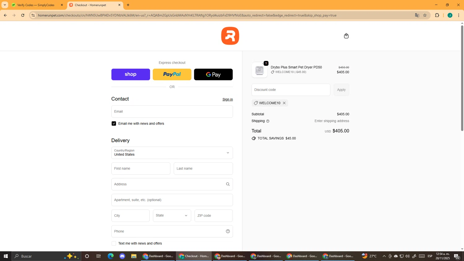 Homerunpet US promo code screenshot showing code WELCOME10 applied at Homerunpet US checkout page. Uploaded by SimplyCodes community member DealScout5970 on Nov 20, 2025