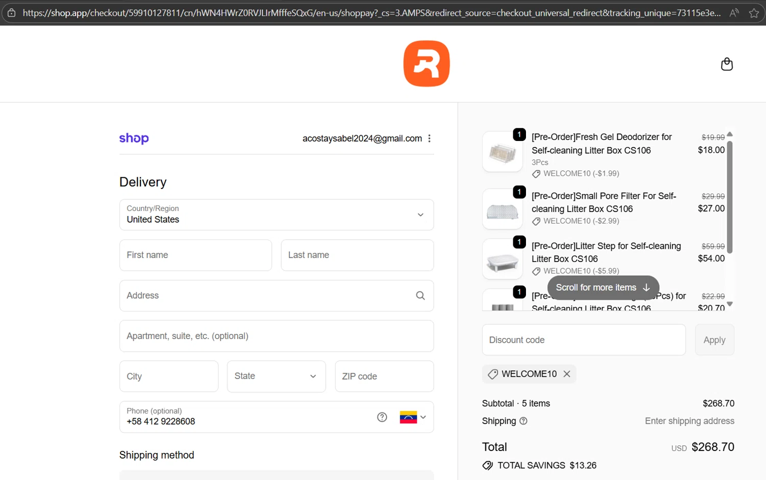 Homerunpet US promo code screenshot showing code WELCOME10 applied at Homerunpet US checkout page. Uploaded by SimplyCodes community member JasnibelEgu on Oct 19, 2025