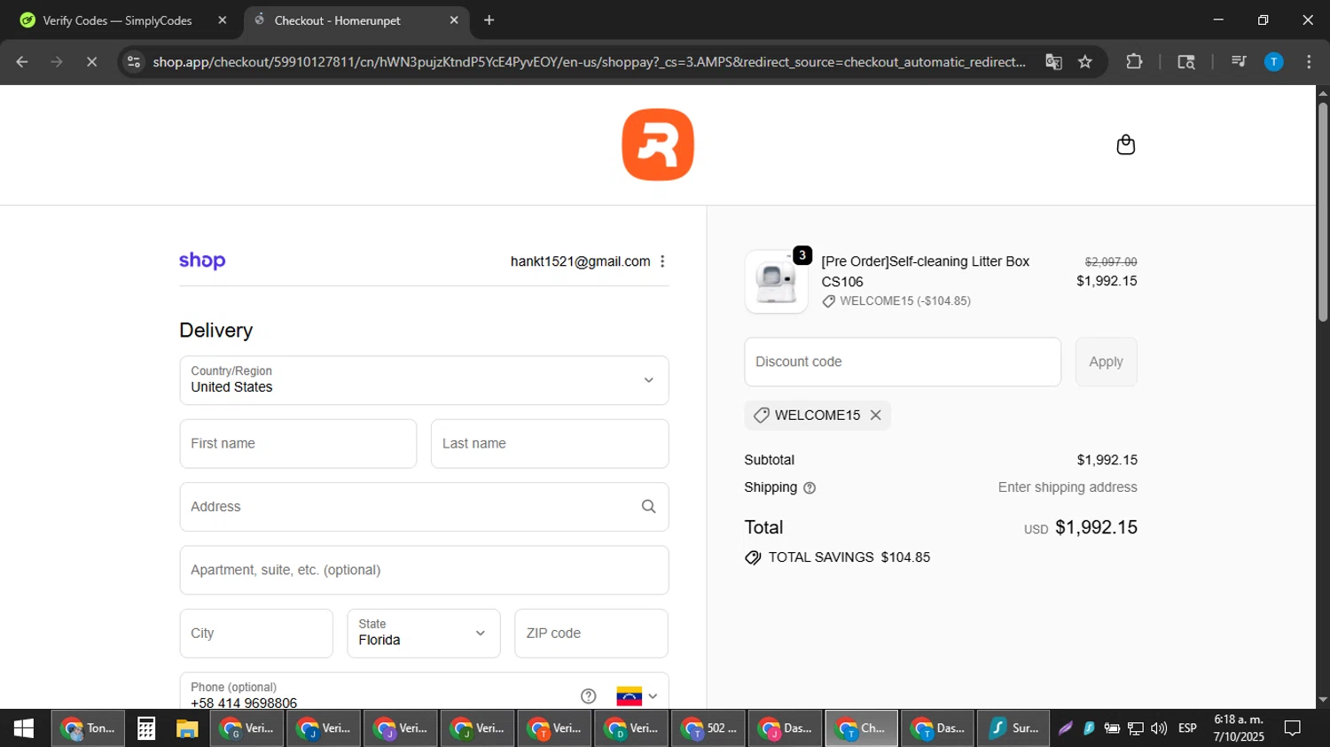 Homerunpet US promo code screenshot showing code WELCOME15 applied at Homerunpet US checkout page. Uploaded by SimplyCodes community member hankt1521 on Oct 7, 2025