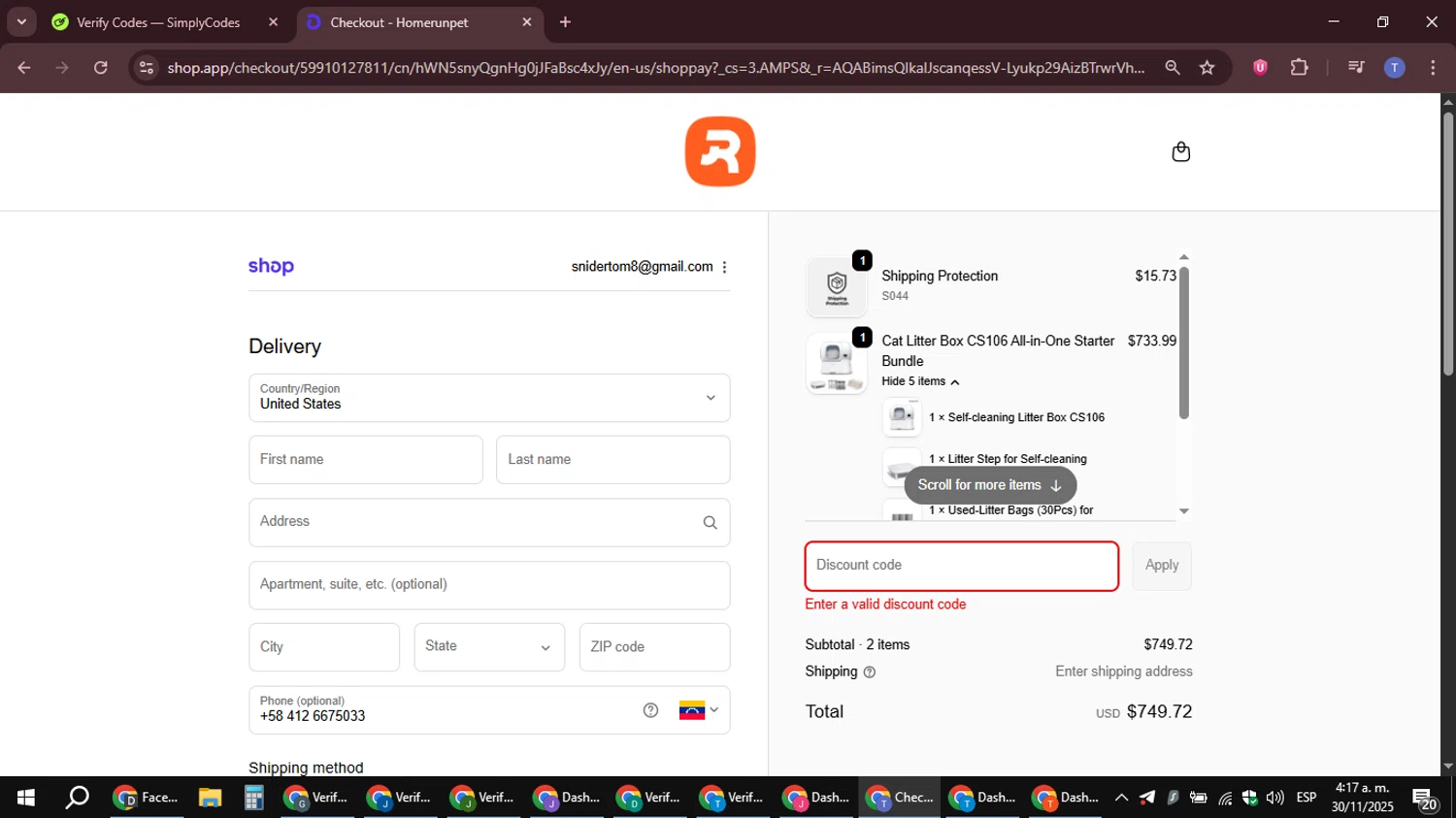 Homerunpet US promo code screenshot showing code SIMPLYCODES10 applied at Homerunpet US checkout page. Uploaded by SimplyCodes community member snidertom8 on Nov 30, 2025