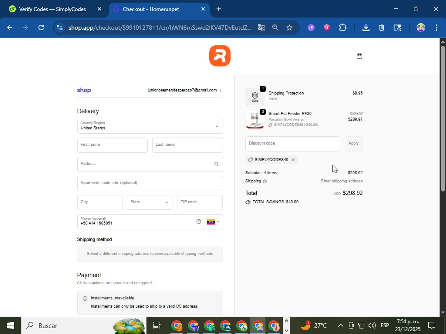 Homerunpet US promo code screenshot showing code SIMPLYCODES40 applied at Homerunpet US checkout page. Uploaded by SimplyCodes community member Bope_________ on Dec 23, 2025