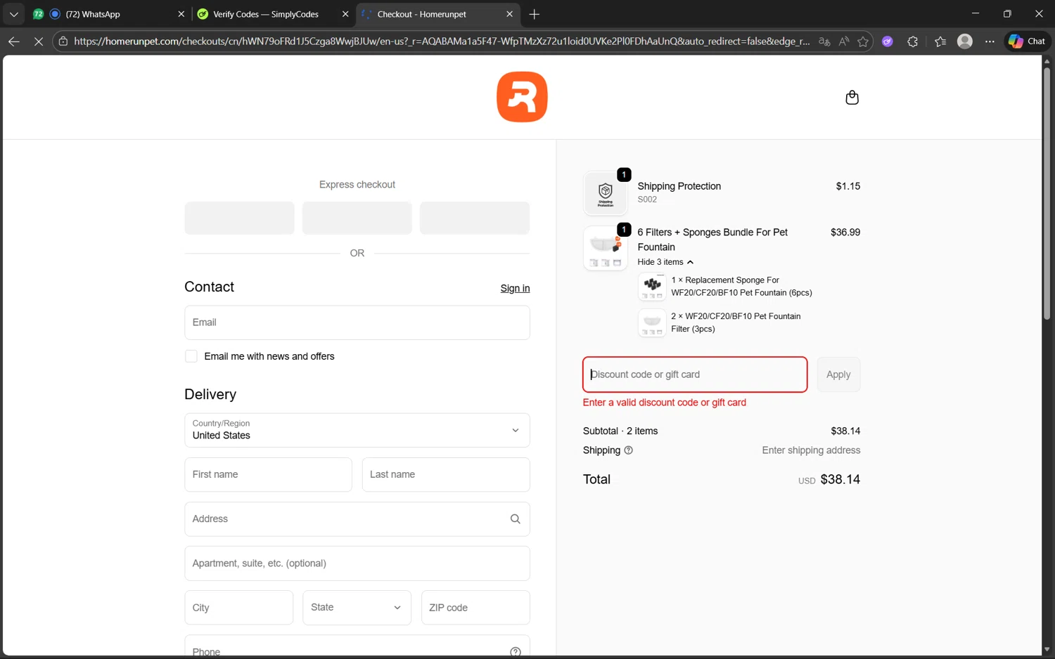 Homerunpet US promo code screenshot showing code SIMPLYCODES40 applied at Homerunpet US checkout page. Uploaded by SimplyCodes community member juanx1702 on Jan 2, 2026