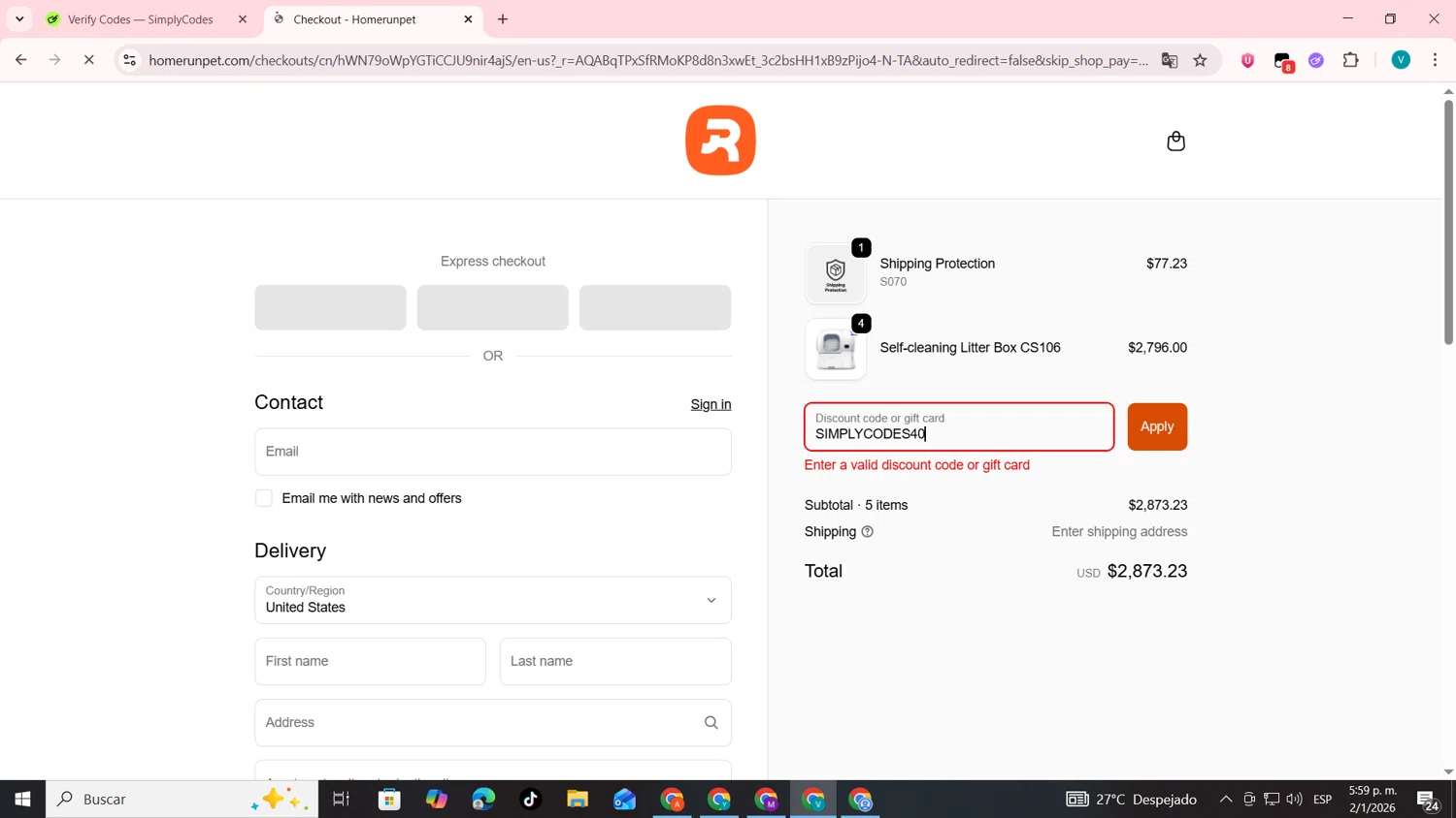 Homerunpet US promo code screenshot showing code SIMPLYCODES40 applied at Homerunpet US checkout page. Uploaded by SimplyCodes community member lyffytaro on Jan 2, 2026