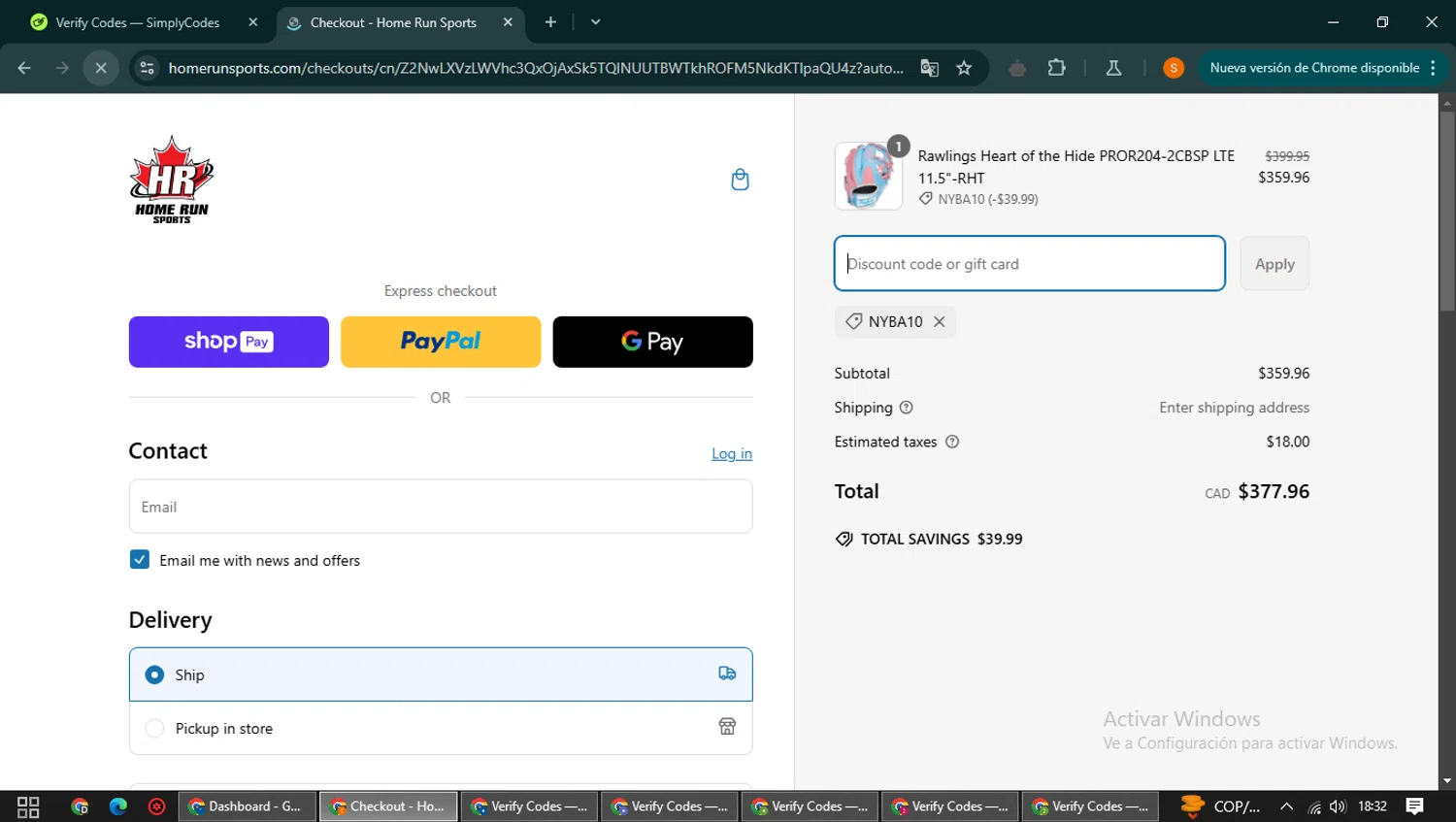 Home Run Sports promo code screenshot showing code NYBA10 applied at Home Run Sports checkout page. Uploaded by SimplyCodes community member QuestCaptain8930 on Mar 7, 2025