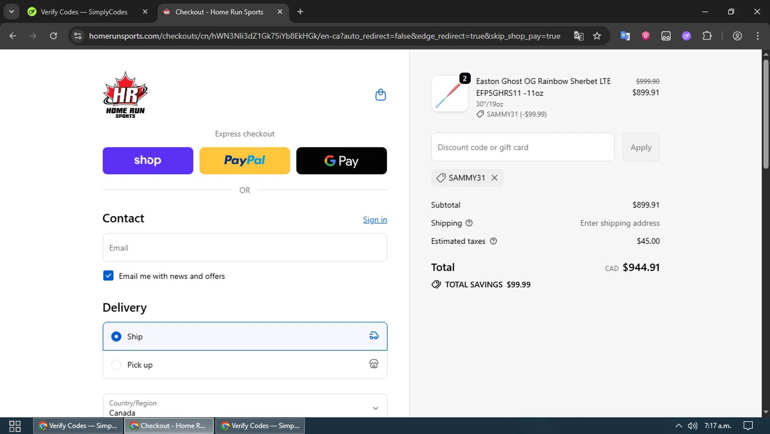 Home Run Sports promo code screenshot showing code SAMMY31 applied at Home Run Sports checkout page. Uploaded by SimplyCodes community member MoneyPioneer4925 on Sep 25, 2025