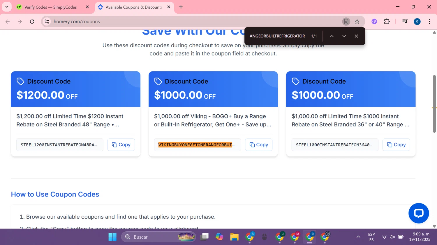 Homery promo code screenshot showing code VIKINGBUYONEGETONERANGEORBUILTREFRIGERATOR applied at Homery checkout page. Uploaded by SimplyCodes community member MoneyTiger7289 on Nov 19, 2025
