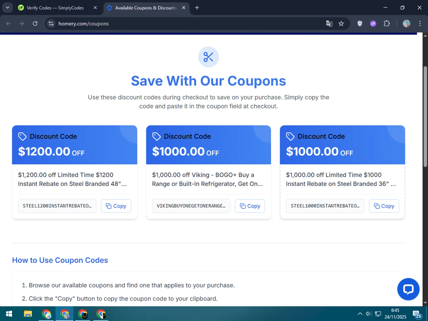 Homery promo code screenshot showing code STEEL1000INSTANTREBATEON3640RANGE applied at Homery checkout page. Uploaded by SimplyCodes community member LegendaryPro7106 on Nov 24, 2025