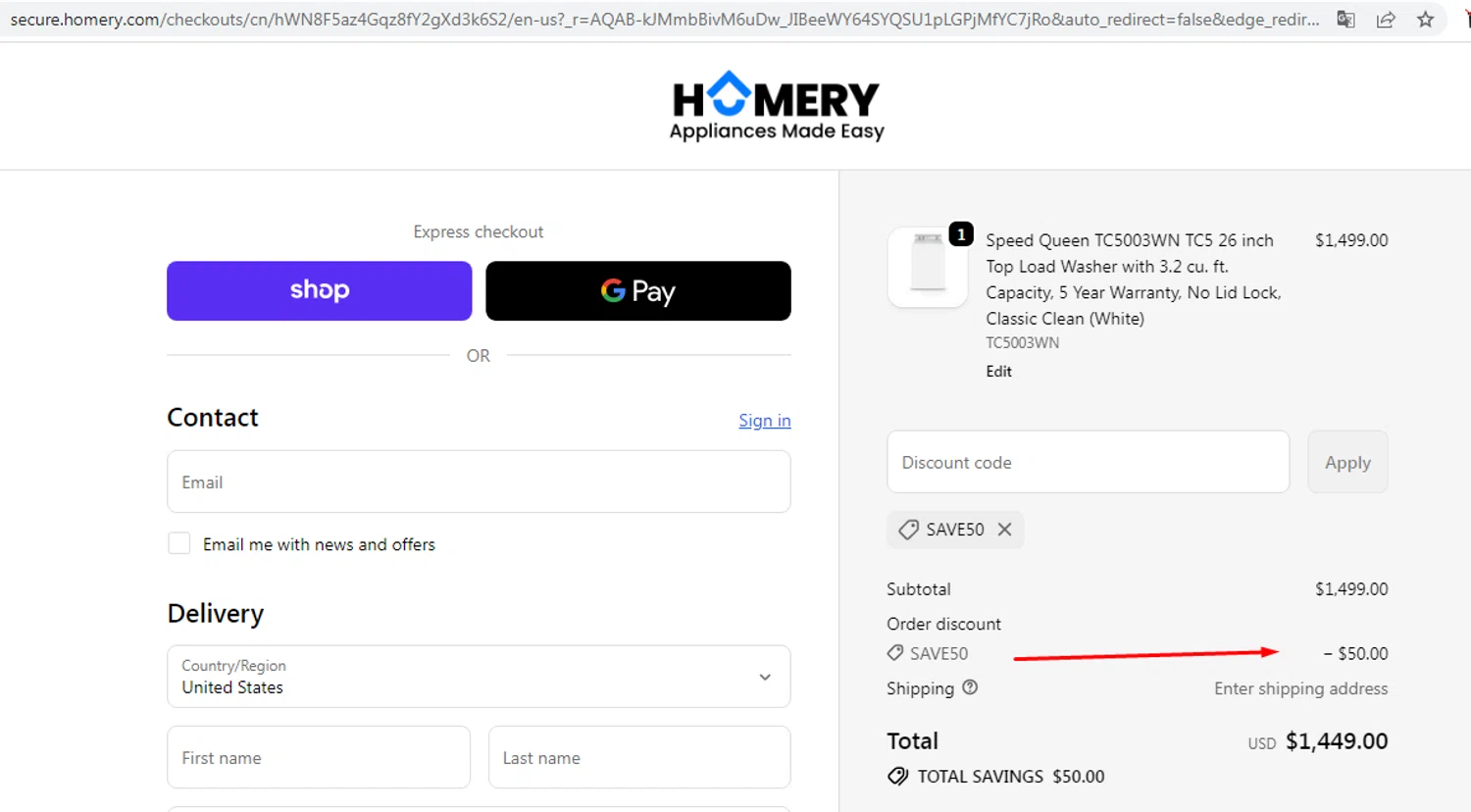 Homery promo code screenshot showing code SAVE50 applied at Homery checkout page. Uploaded by SimplyCodes community member EMILIANOMASABE on Jan 31, 2026
